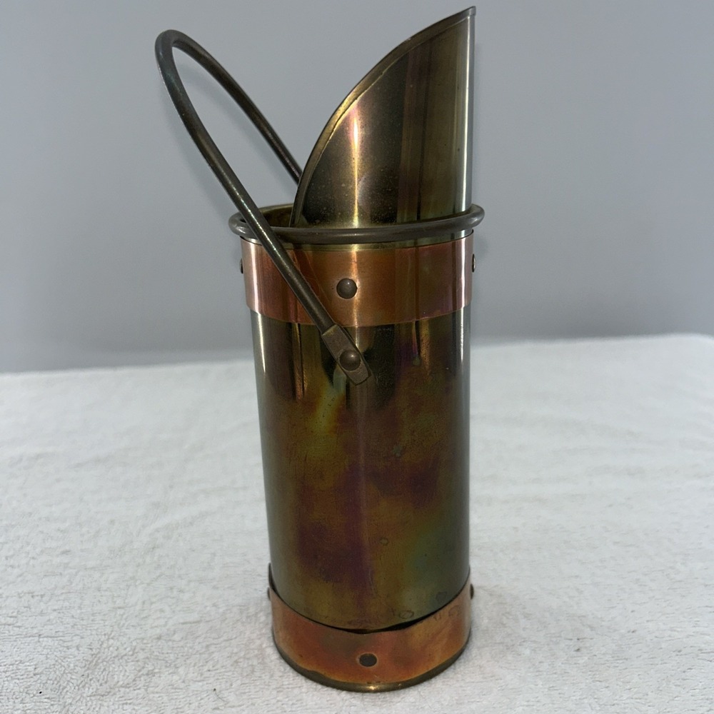 Vintage Copper Brass Coal Ash Scuttle Bucket Scoop Match Holder Striker 8"x2.75